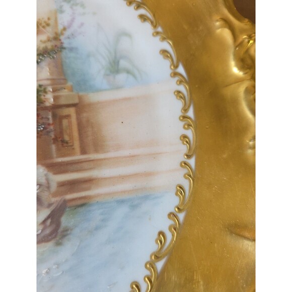 Limoges B&H Blakeman & Henderson Hand Painted Gold Rim Dish Woman Swan Cupid 12" - Picture 10 of 13